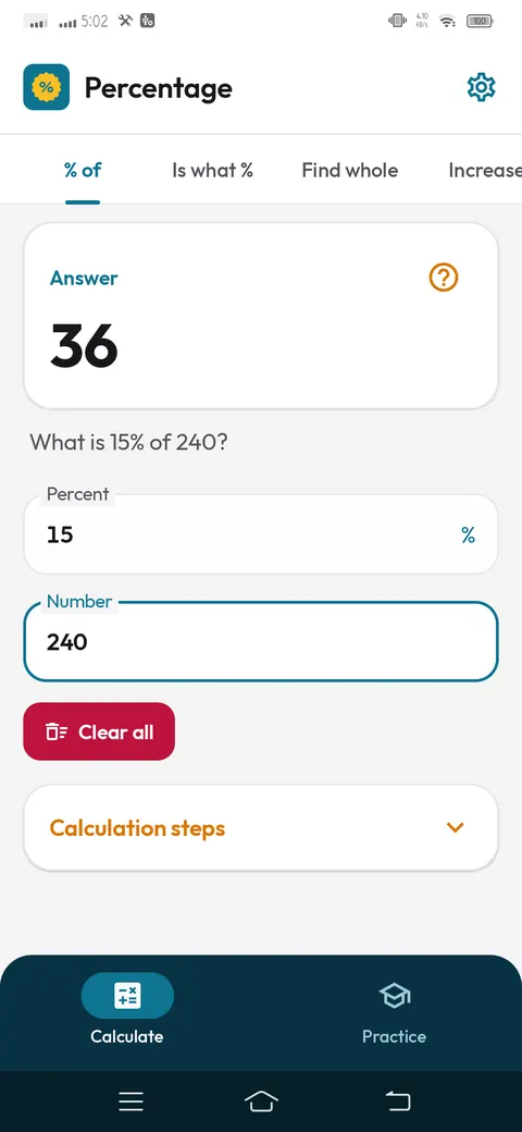Percentage Android app showing 15 percent of 240 equals 36