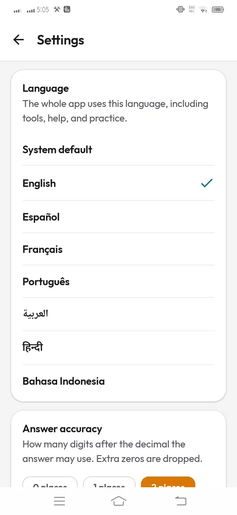 Settings for language, decimals, theme, sounds, and haptics