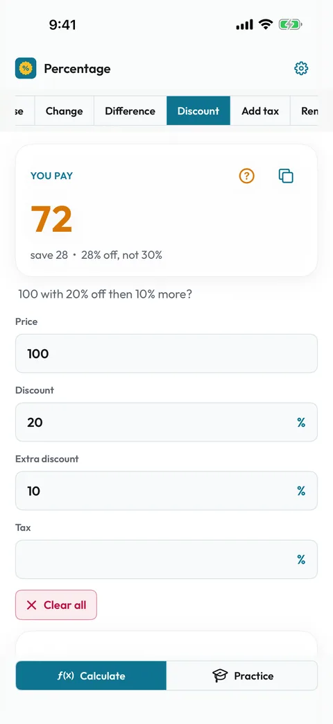 Stacked sale: 20 percent then 10 percent off 100 equals 72