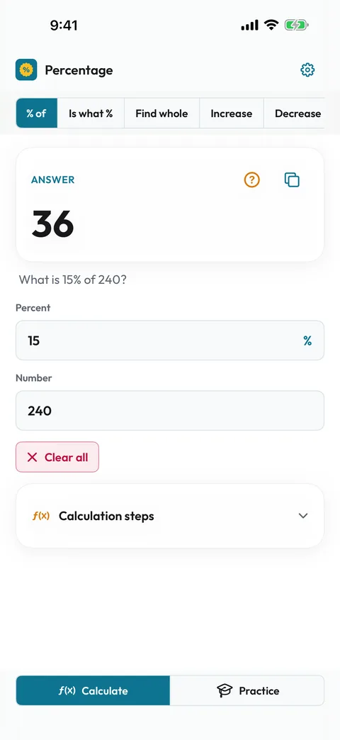 Percentage iPhone app showing 15 percent of 240 equals 36